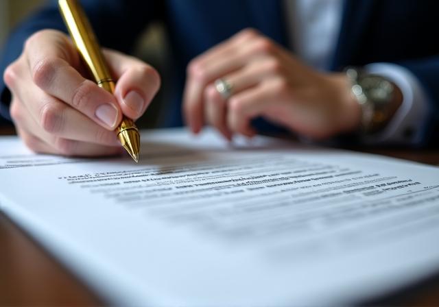 Close-up of a legal professional reviewing a complex business contract with a fountain pen